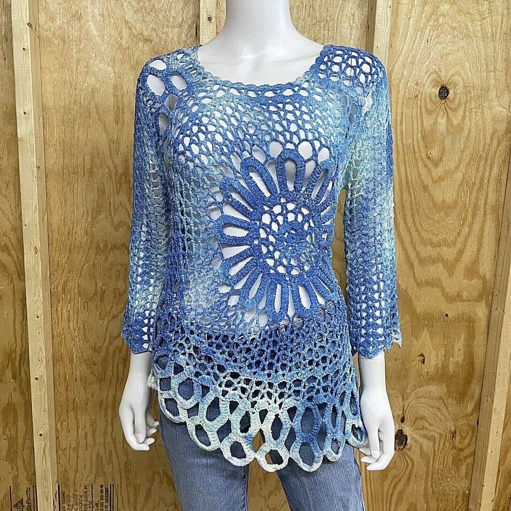 Blue and White Crochet Women Top